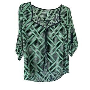 AINA BE Women’s Small Blouse Teal & Navy Geometric Comfort & Style Lightweight